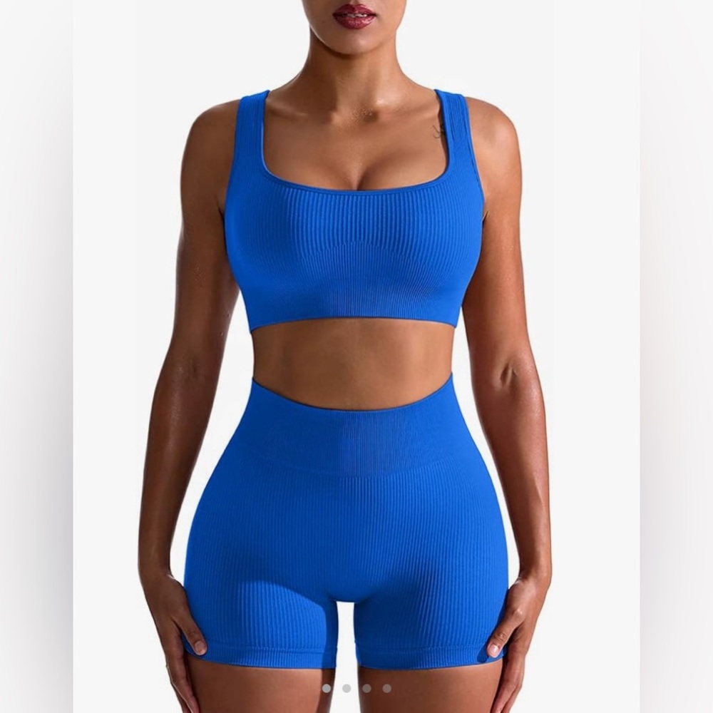 OQQ 2 Piece Seamless Ribbed High Waist Shorts with Sports Bra Set